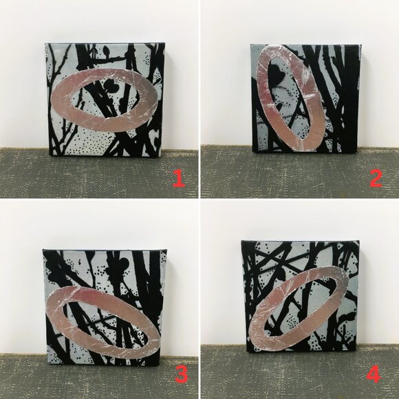 Miniature Square Gray Black Silver Leaf Branches Ink Drawing on Canvas Wall Art - Picture 15 of 16